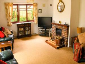 a living room with a fireplace and a flat screen tv at Bryn yr Haf in Llanfair Clydogau
