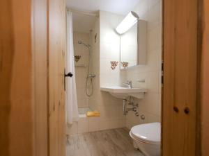 La salle de bains est pourvue de toilettes, d'un lavabo et d'un miroir. dans l'établissement Apartment Chesa Munteratsch 311 by Interhome, à Silvaplana