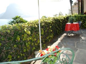 einem Tisch mit einem Regenschirm vor einer Hecke in der Unterkunft Holiday Home Cas'Anita by Interhome in Castagnola