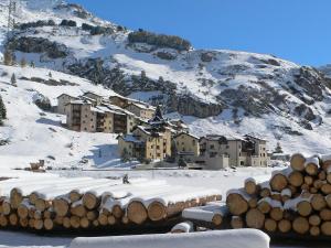 eine Gruppe von Gebäuden im Schnee neben einem Berg in der Unterkunft Apartment Utoring Plaz 030 by Interhome in Bivio