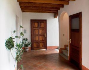 a hallway with a wooden door and potted plants at Chez Daniel in Antigua Guatemala