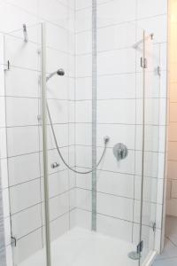 La salle de bains est pourvue d'une douche avec une porte en verre. dans l'établissement Modern apartment Michalska 6, à Prague
