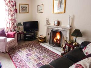 a living room with a fireplace and a tv at Riemore in Tomintoul