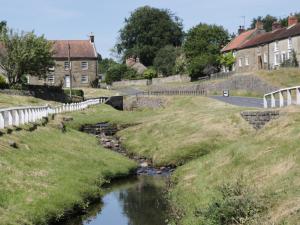 a river in a village with houses and a road at Chestnut Cottage in Great Edston