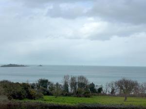 a view of the ocean from a hill with trees at Holiday Home Les Rimains by Interhome in Cancale