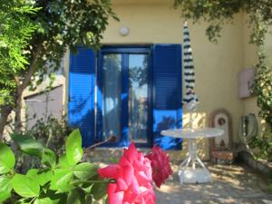 a house with a blue door and a pink flower at Porto Kastri Studios in Kastrí