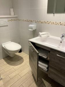 a bathroom with a toilet and a sink at La Terrasse in Saugues