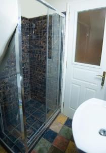 La salle de bains est pourvue d'une douche avec une porte en verre. dans l'établissement Seagulls' House, à Évdhilos