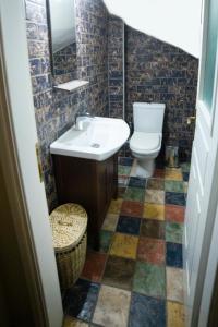La salle de bains est pourvue d'un lavabo et de toilettes. dans l'établissement Seagulls' House, à Évdhilos