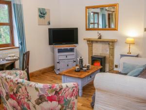 a living room with a tv and a fireplace at Gardeners Cottage in Nantwich