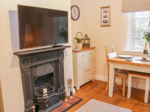 sala de estar con chimenea y TV en la parte superior en Tub Boat Cottage en Telford