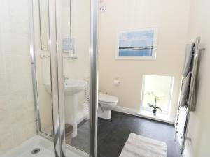 a bathroom with a shower and a toilet and a sink at 2 Moor Farm Cottages in Flinton +14 photos