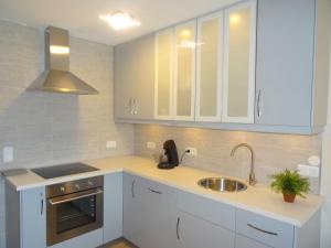 Apartment Les Cascadelles-10 by Interhome في La Foux: مطبخ مع دواليب بيضاء ومغسلة
