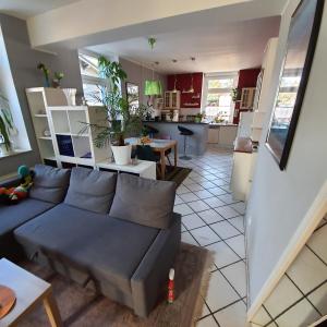 a living room with a couch and a kitchen at Ferienwohnung Eschenbeek in Wuppertal