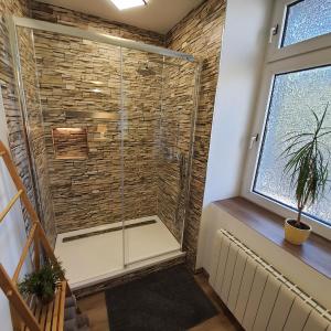 a walk in shower in a room with a window at Ferienwohnung Eschenbeek in Wuppertal