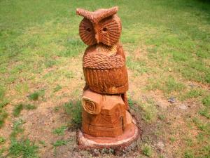 posąg drewnianej sowy siedzącej w trawie w obiekcie Holiday Home Am Sternberg 105 by Interhome w mieście Frankenau