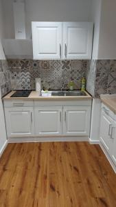 a kitchen with white cabinets and a wooden floor at Apartments SMAG Barbiergasse in Pirna