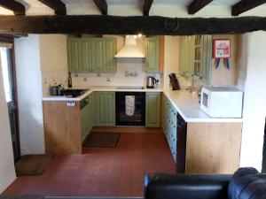 uma cozinha com armários verdes e um micro-ondas em South Sandpark Cottage em Barnstaple