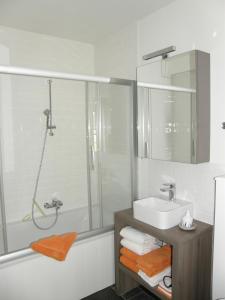 a bathroom with a sink and a shower at Hoeve De Hagepoorter in Jabbeke