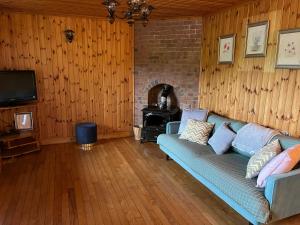 uma sala de estar com um sofá e uma lareira em Cosy Lakeside Chalet With Option to add Private Hot Tub & Boat em Duneena