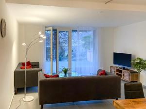 uma sala de estar com um sofá e uma grande janela em Apartment Bella Vista by Interhome em Magadino