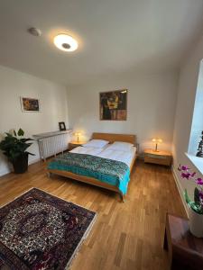 a bedroom with a bed and two lamps and a rug at Villa am Park in Bremerhaven
