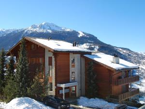 a house with snow on the roof with a car parked in front at Apartment Les Cretes II by Interhome in Veysonnaz