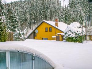 a yellow house with a snow covered garage at Holiday Home Dolníky u Trutnova by Interhome in Oblanov