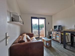 a living room with a leather couch and a television at Domaine de la Coudoulière, T2 climatisé terrasse vue mer sans vis à vis plage à 100m in Six-Fours-les-Plages