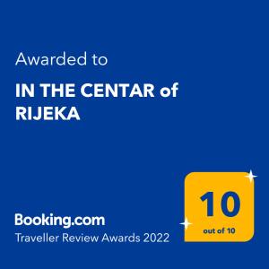 Certifikát, ocenenie alebo iný dokument vystavený v ubytovaní IN THE CENTAR of RIJEKA