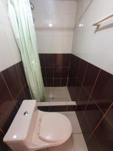 a bathroom with a white toilet and a shower at La Estacion San Pedro in Cusco