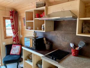 a small kitchen with a stove and a microwave at Ma Roulotte sous les Chênes "la passionnée" in Raon-aux-Bois