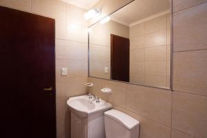 a bathroom with a sink and a toilet and a mirror at Fitz Roy Hostería de Montaña - El Chaltén in El Chalten +106 photos