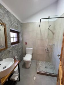 uma casa de banho com um WC, um lavatório e um chuveiro em Bujtina Liana Voskopoje em Voskopojë
