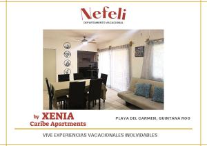 a living room with a table and a dining room at NEFELI departamento by Xenia Caribe in Playa del Carmen