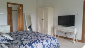 a bedroom with a bed and a television on a desk at Drumspittal House B&B in Armagh