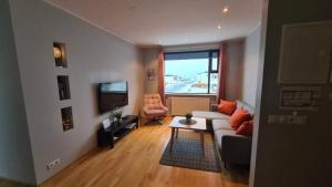 uma sala de estar com um sofá e uma televisão em Kirkjufell central apartment em Grundarfjordur