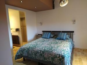 ヴァロンソルにあるMaison d'hôtes du Grand Chêneのベッドルーム(青い枕の大型ベッド1台付)