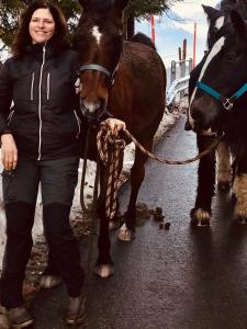 Una donna in piedi accanto a due cavalli su una strada di Au Pré des Chevaux a Chateau-d'Oex