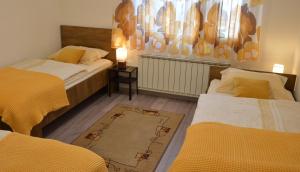 1 dormitorio con 2 camas y alfombra en Apartma Vila Zigmund, en Cerknica