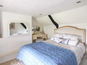 MorwenstowにあるBee Hive Cottageのベッドルーム(青いベッド1台、鏡付)