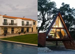 a house with a triangular window next to a pool at Carvalhal Redondo - Farm House in Castelo Novo