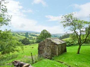 an old stone building in a field of green grass at High Sprintgill Cottage in Ravenstonedale