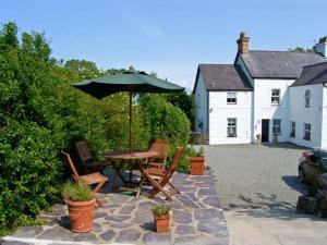 um pátio com uma mesa, cadeiras e um guarda-sol em Carreg Rhys em Llangristiolus