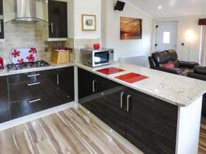 uma cozinha com um balcão e um micro-ondas em High View Lodge em Windermere