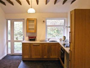 a kitchen with wooden cabinets and a sink and two windows at Hendre Aled Cottage 1 in Llansannan