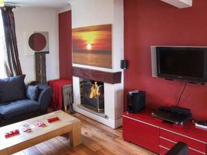 302 Over Lane Cottage في بيلبير: غرفة معيشة مع موقد وتلفزيون