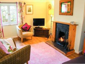 a living room with a fireplace and a television at Tan Y Rhos Isa in Llansantffraid Glyn Ceiriog