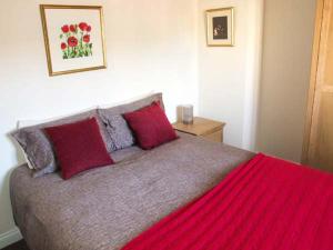 a bedroom with a large bed with red pillows at Jubilee Mews in Andoversford
