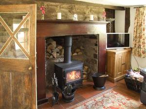 a fireplace in a living room with a stove at George Cottage in Clun